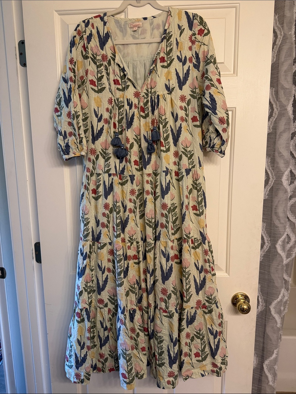 Pink Chicken Cream Maxi Dress with Multicolor Floral Print and metallic yarns